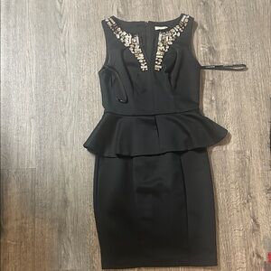 Bisou Bisou Black Peplum Dress with Gold Accents